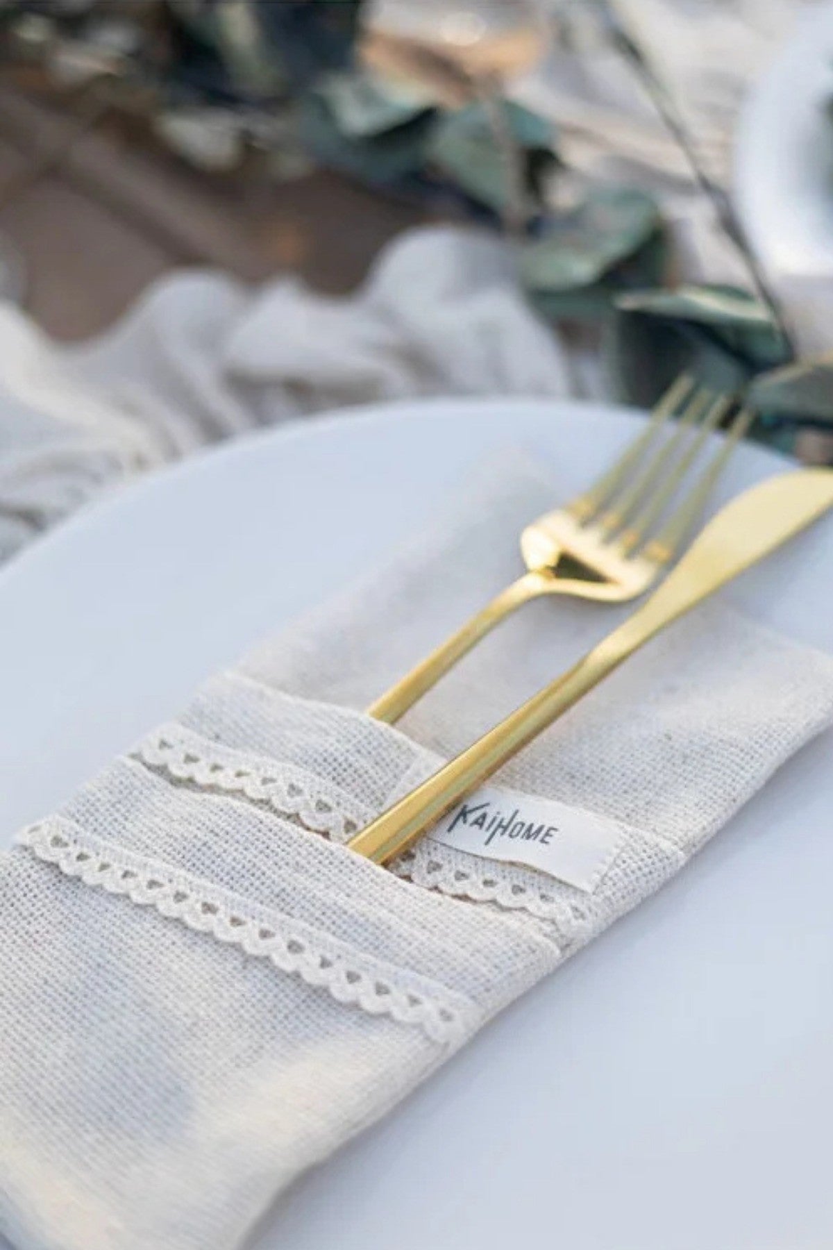 6lı Ham Keten Dantel Detaylı  2Bölmeli Kaşıklık / Peçetelik