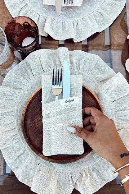 6lı Ham Keten Dantel Detaylı  2Bölmeli Kaşıklık / Peçetelik