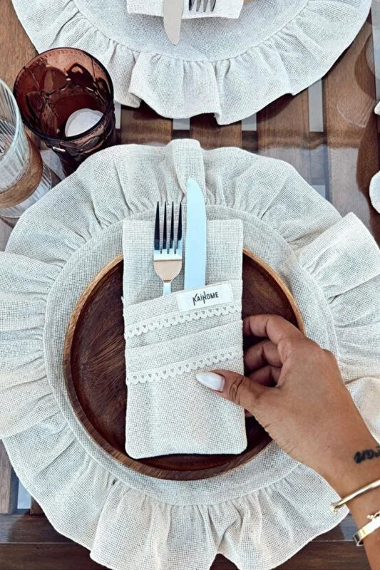 6lı Ham Keten Dantel Detaylı  2Bölmeli Kaşıklık / Peçetelik