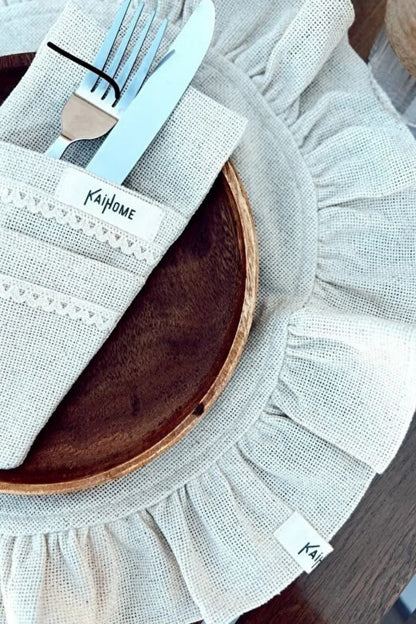 6Lı Ham Keten Yuvarlak Fırfır Detaylı Amerikan Servis/ Supla