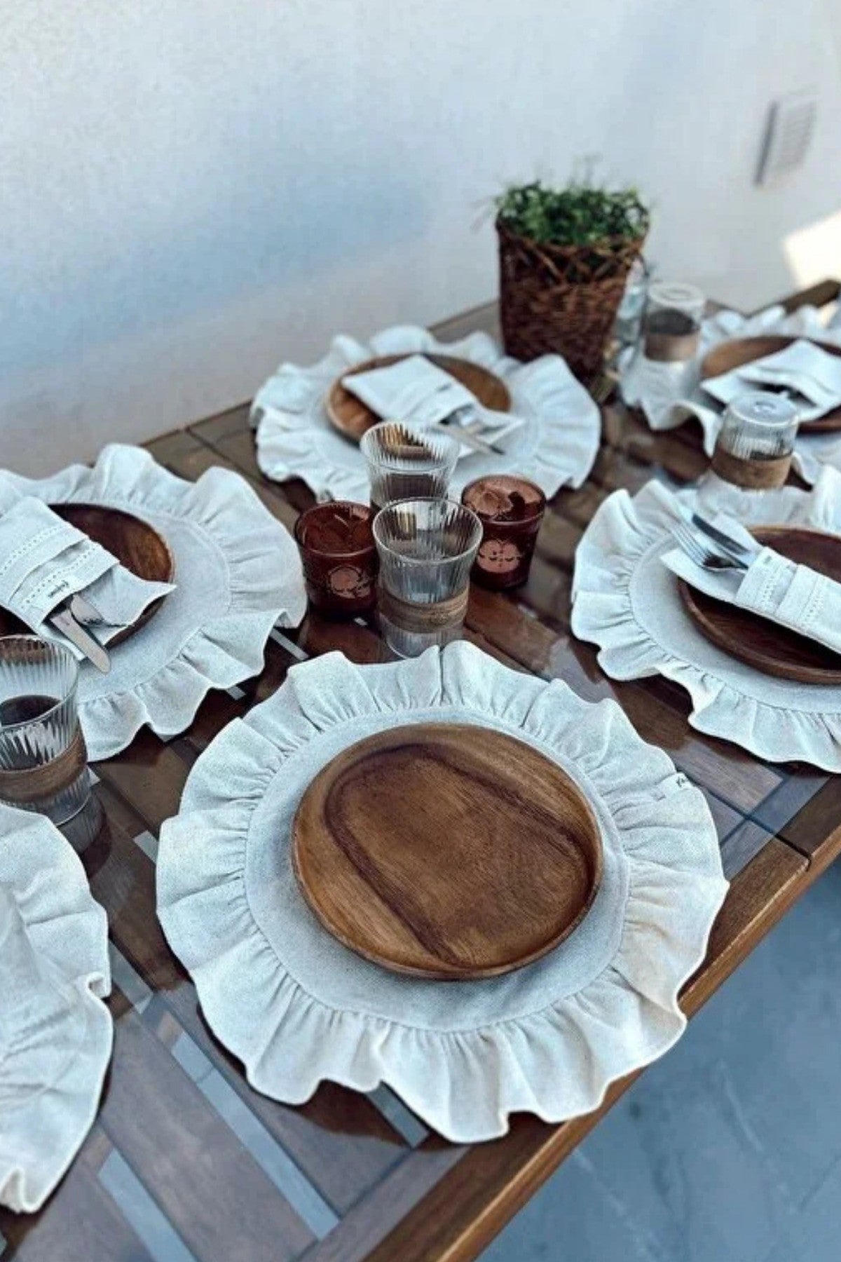 6Lı Ham Keten Yuvarlak Fırfır Detaylı Amerikan Servis/ Supla