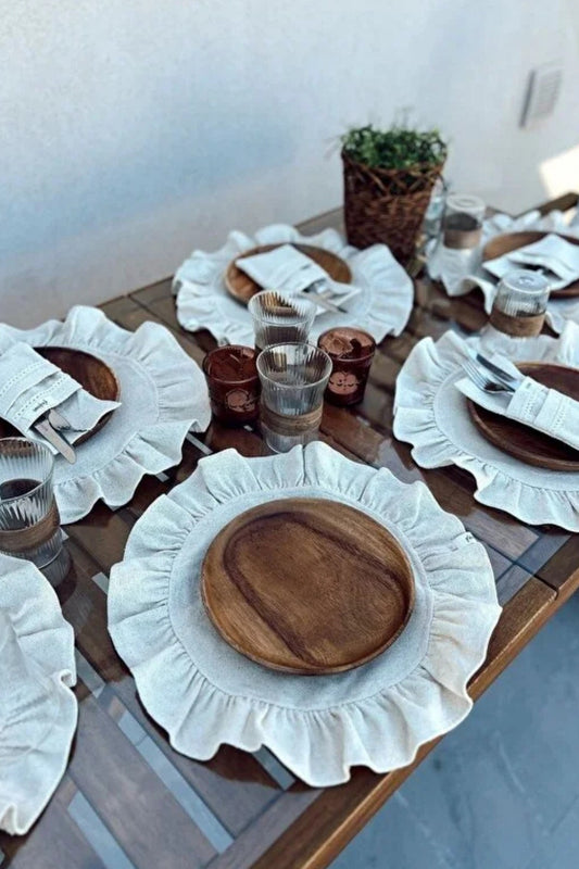 6Lı Ham Keten Yuvarlak Fırfır Detaylı Amerikan Servis/ Supla