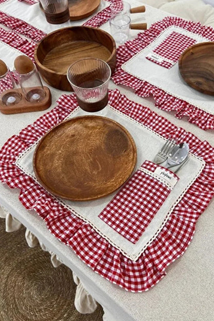 2Li Cepli Ham Keten Kareli Fırfır Detaylı Amerikan Servis/ Supla