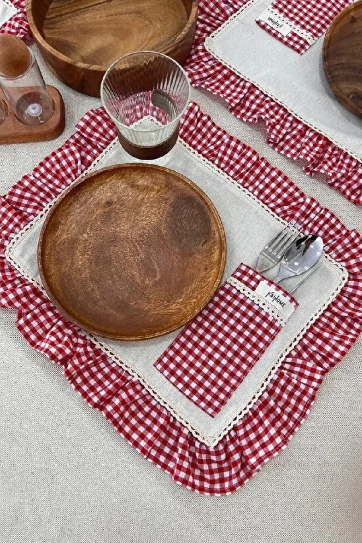 2Li Cepli Ham Keten Kareli Fırfır Detaylı Amerikan Servis/ Supla