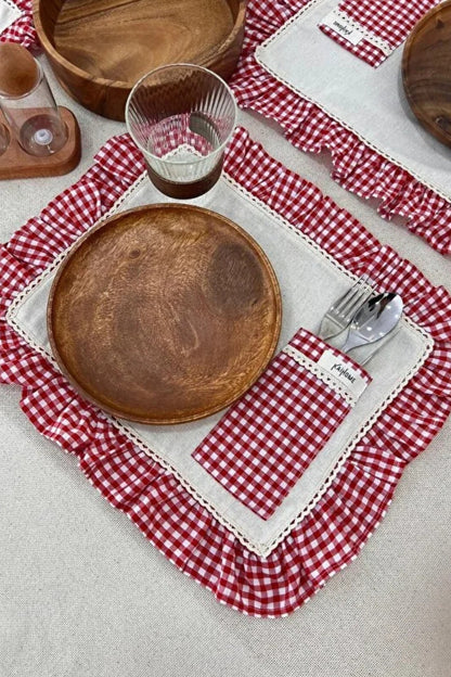 2Li Cepli Ham Keten Kareli Fırfır Detaylı Amerikan Servis/ Supla