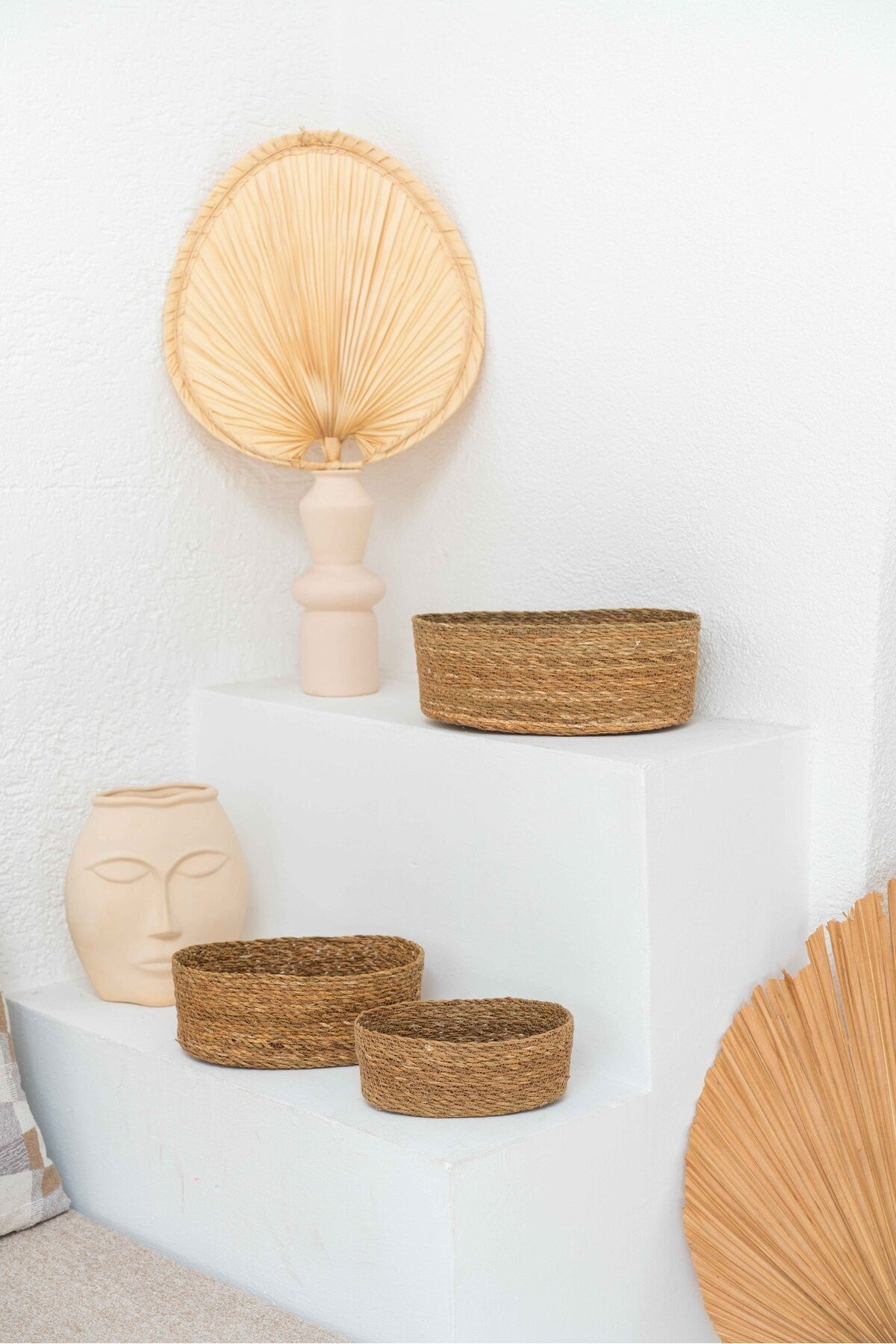 Doğal Hasır Yuvarlak Sepet Seti – 3 Parça Organizer Saklama Seti