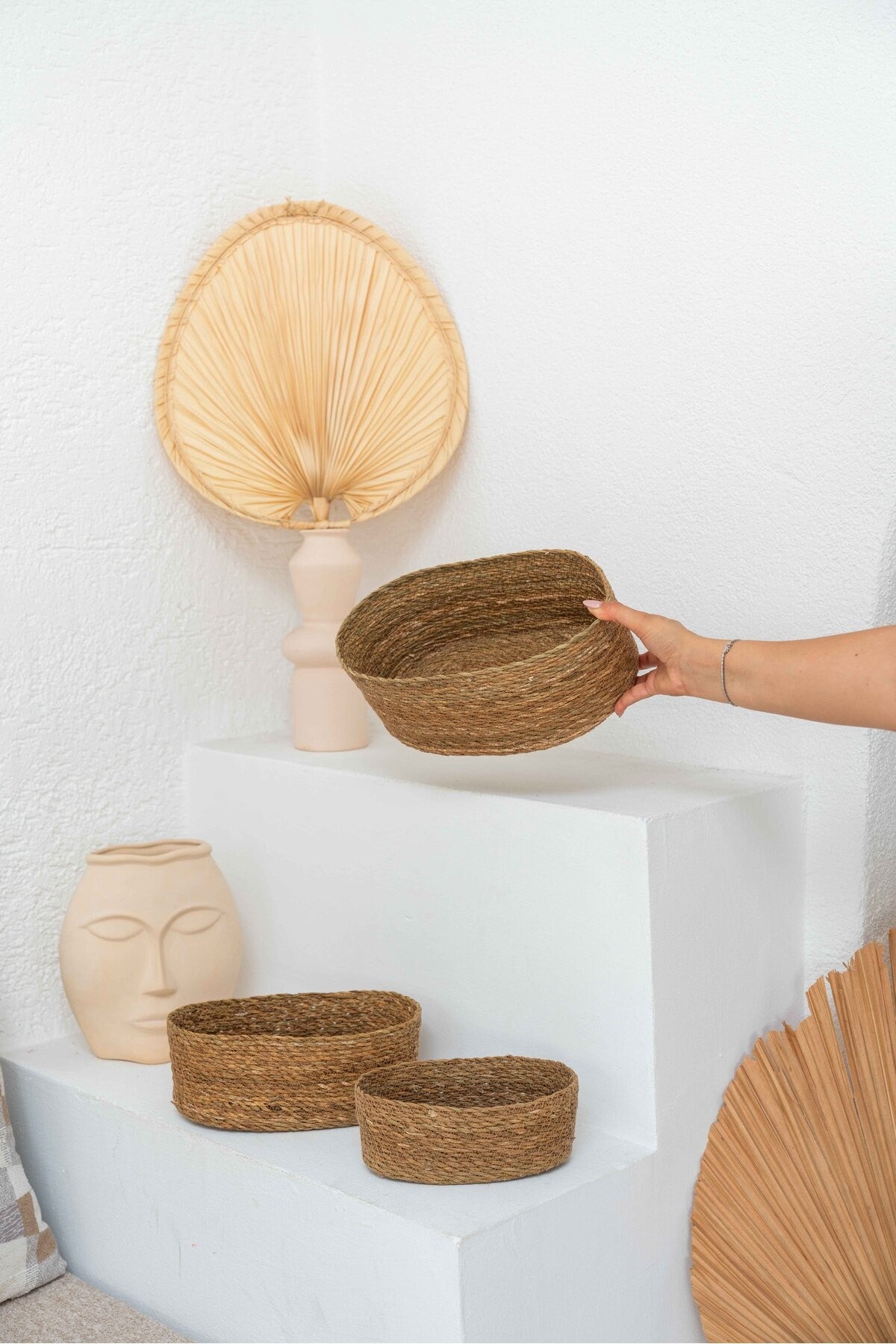 Doğal Hasır Yuvarlak Sepet Seti – 3 Parça Organizer Saklama Seti