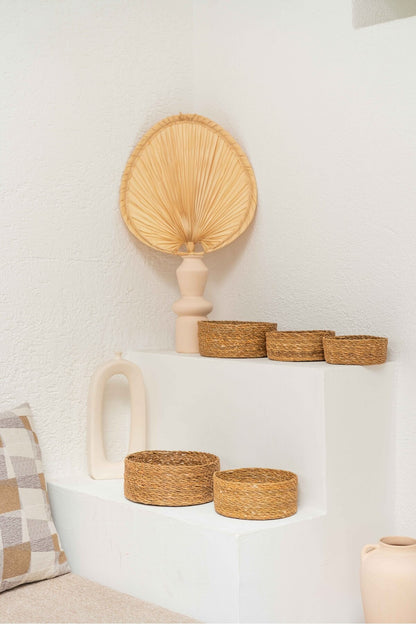 Doğal Hasır Yuvarlak Sepet Seti – 5 Parça Organizer Saklama Seti