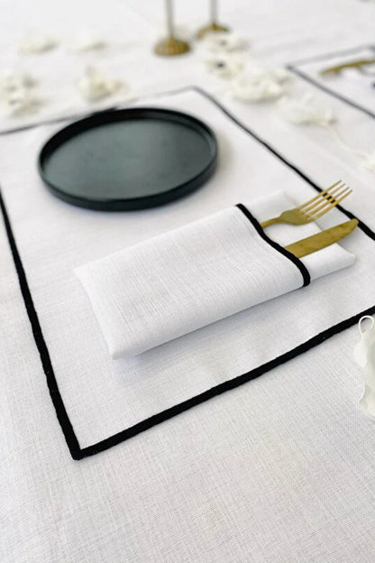Shine Beyaz Keten Kumaş Siyah Biyeli Dikdörtgen Supla 4LÜ