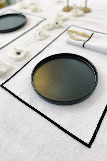 Shine Beyaz Keten Kumaş Siyah Biyeli Dikdörtgen Supla 4LÜ