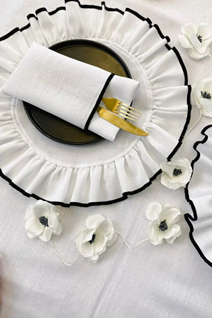 Shine Beyaz Keten Kumaş Siyah Biyeli Yuvarlak Supla 2li