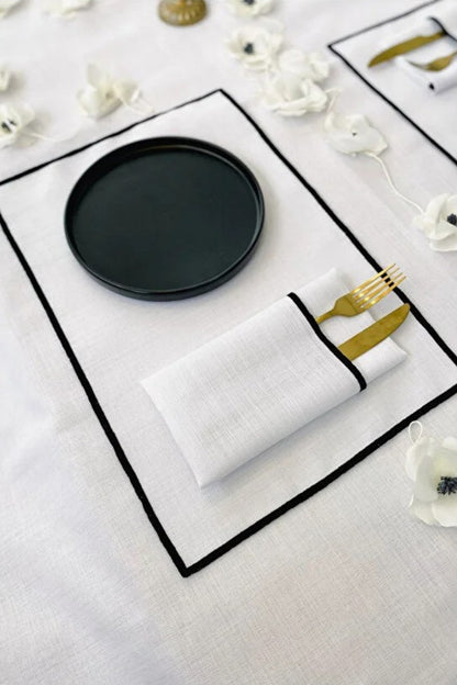 Shine Beyaz Keten Kumaş Siyah Biyeli Dikdörtgen Supla 4LÜ