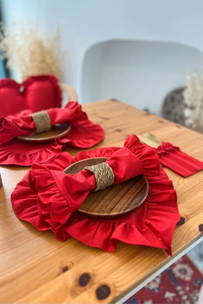 4lü Lovely Serisi Keten Kumaş Fırfırlı Kırmızı Peçete