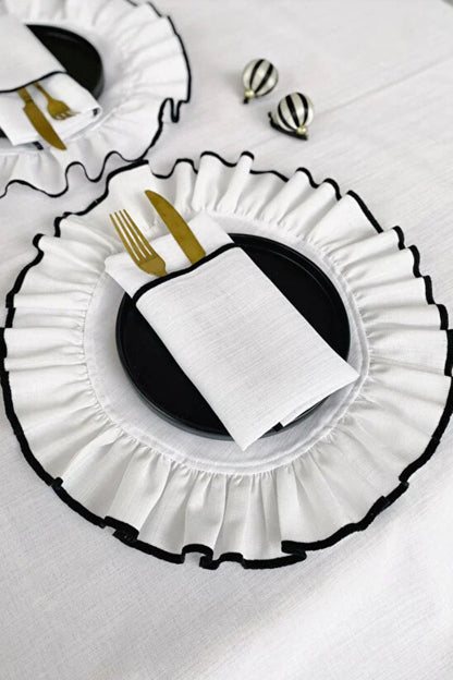 Shine Beyaz Keten Kumaş Siyah Biyeli Yuvarlak Supla 2li