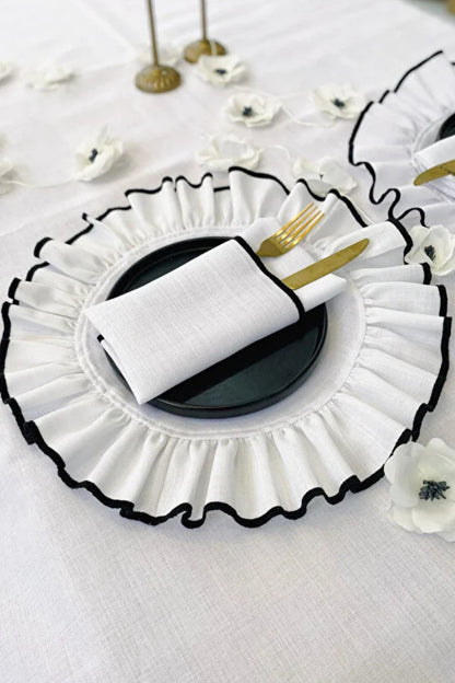 Shine Beyaz Keten Kumaş Siyah Biyeli Yuvarlak Supla 2li