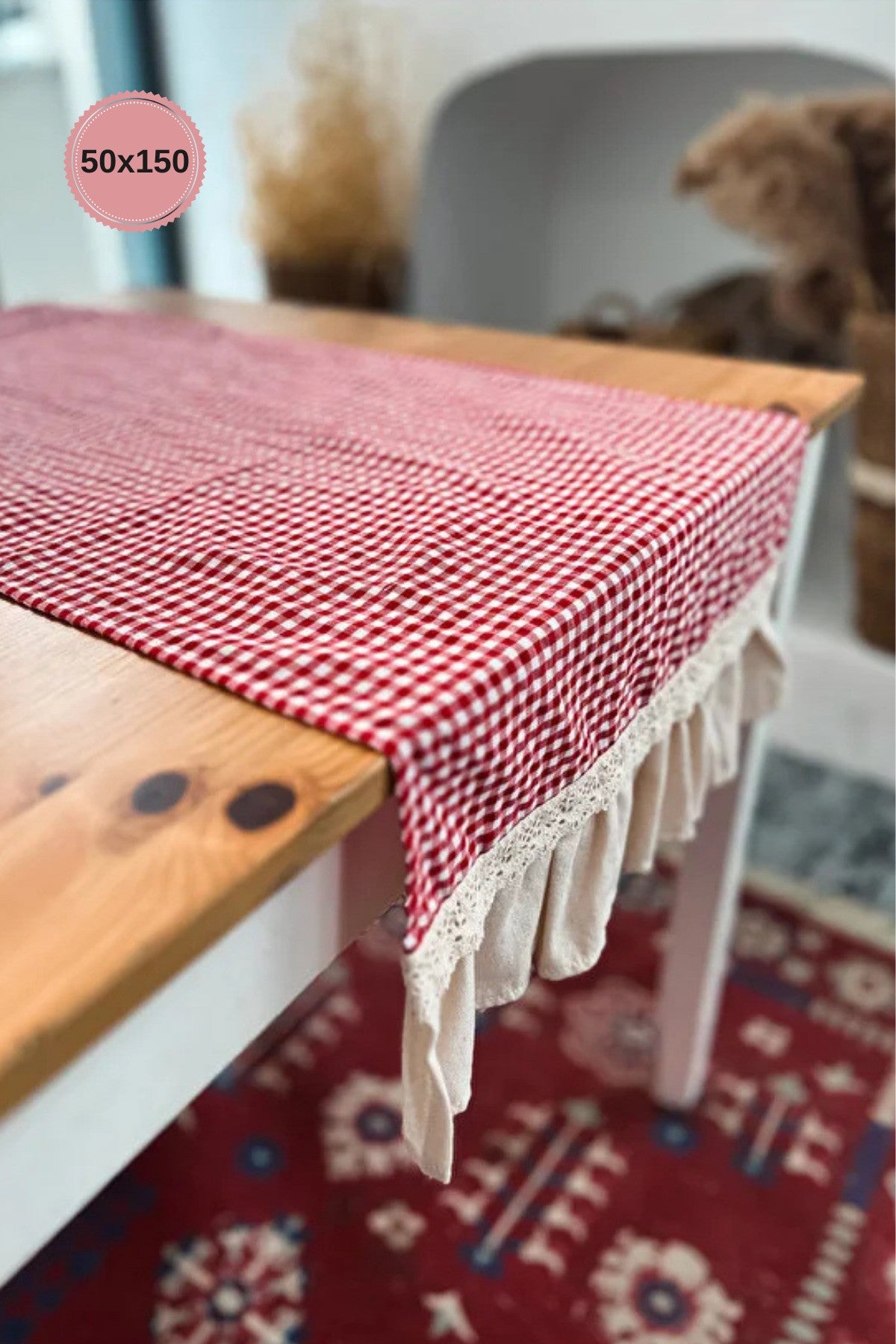 Natural Keten İki Yanı Fırfırlı Dikdörtgen Runner 40 X 120CM