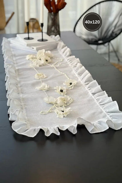 Shine White Keten Heryeri Fırfırlı Dikdörtgen Runner 40 X 120cm