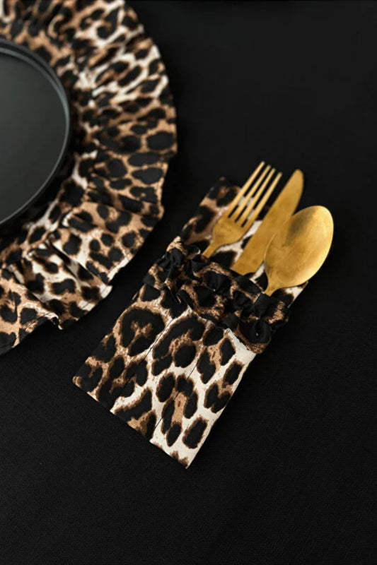 Leopard Fırfırlı 3 Bölmeli Çatal-Kaşık-Bıçak Kılıfı 2Li