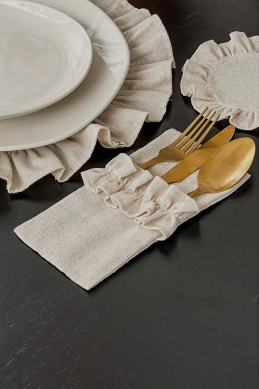 Natural Keten Fırfırlı 3 Bölmeli Çatal-Kaşık-Bıçak Kılıfı 6LI