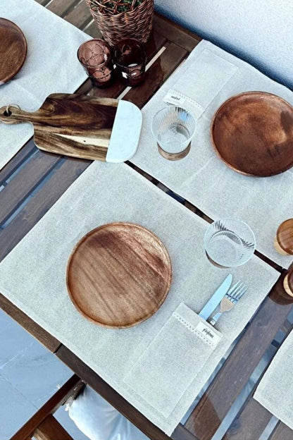 6Lı %100 Ham Keten Kaşıklık Detaylı Amerikan Servis/ Supla