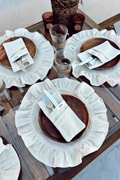 6lı Ham Keten Dantel Detaylı  2Bölmeli Kaşıklık / Peçetelik