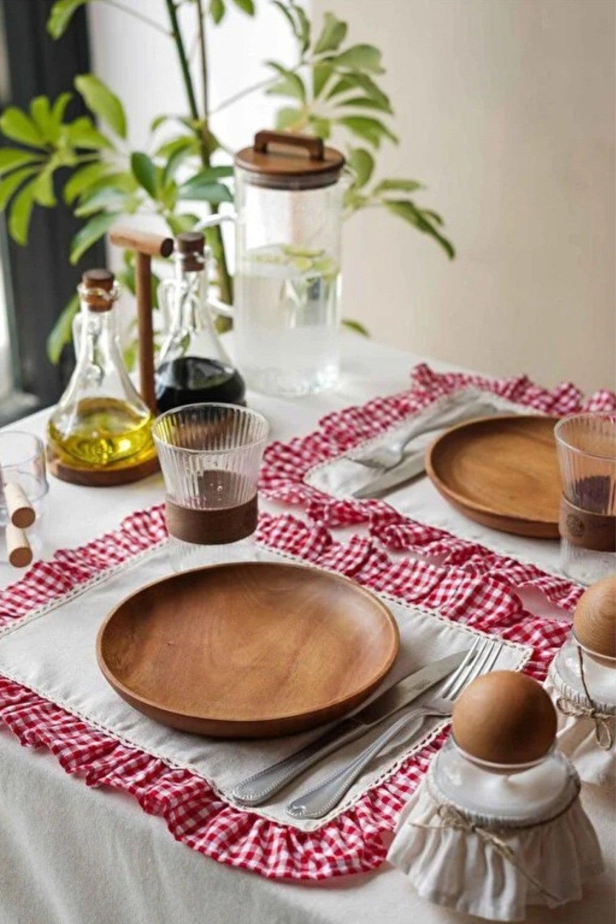 2Li Ham Keten Kareli Fırfır Detaylı Amerikan Servis/ Supla