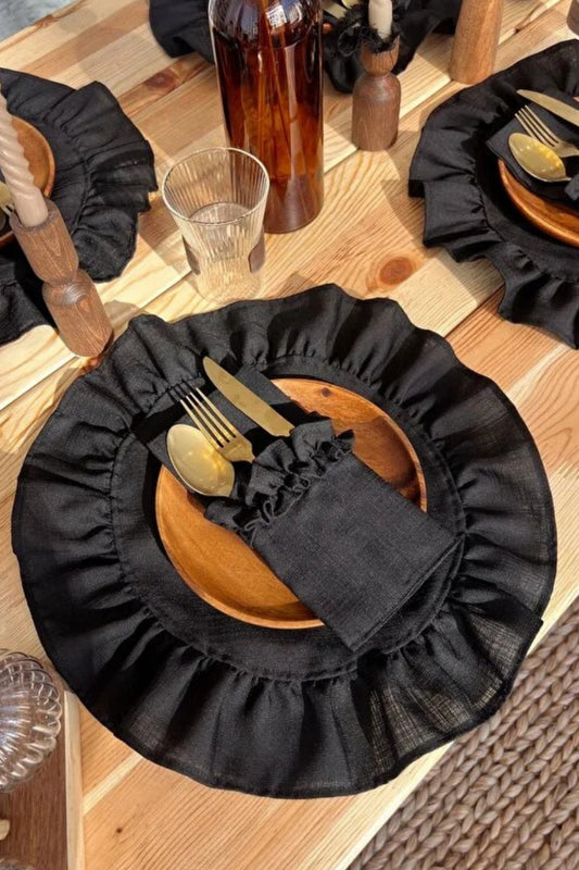 6LI Siyah Keten Kumaş Yuvarlak Fırfır Detaylı Amerikan Servis / Supla