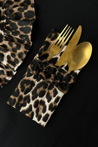 Leopard Fırfırlı 3 Bölmeli Çatal-Kaşık-Bıçak Kılıfı 2Li