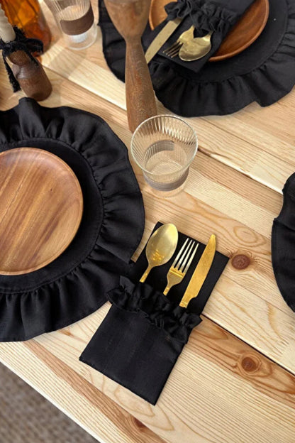 4Lü Siyah Keten Kumaş 3 Bölmeli Fırfır Detaylı Kaşıklık / Çatal-Kaşık-Bıçak Kılıfı