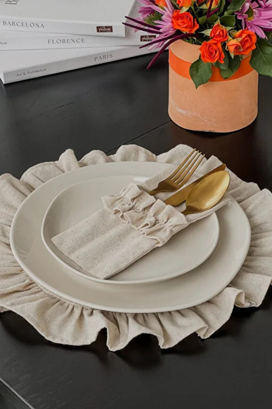 Natural Keten Fırfırlı 3 Bölmeli Çatal-Kaşık-Bıçak Kılıfı 6LI