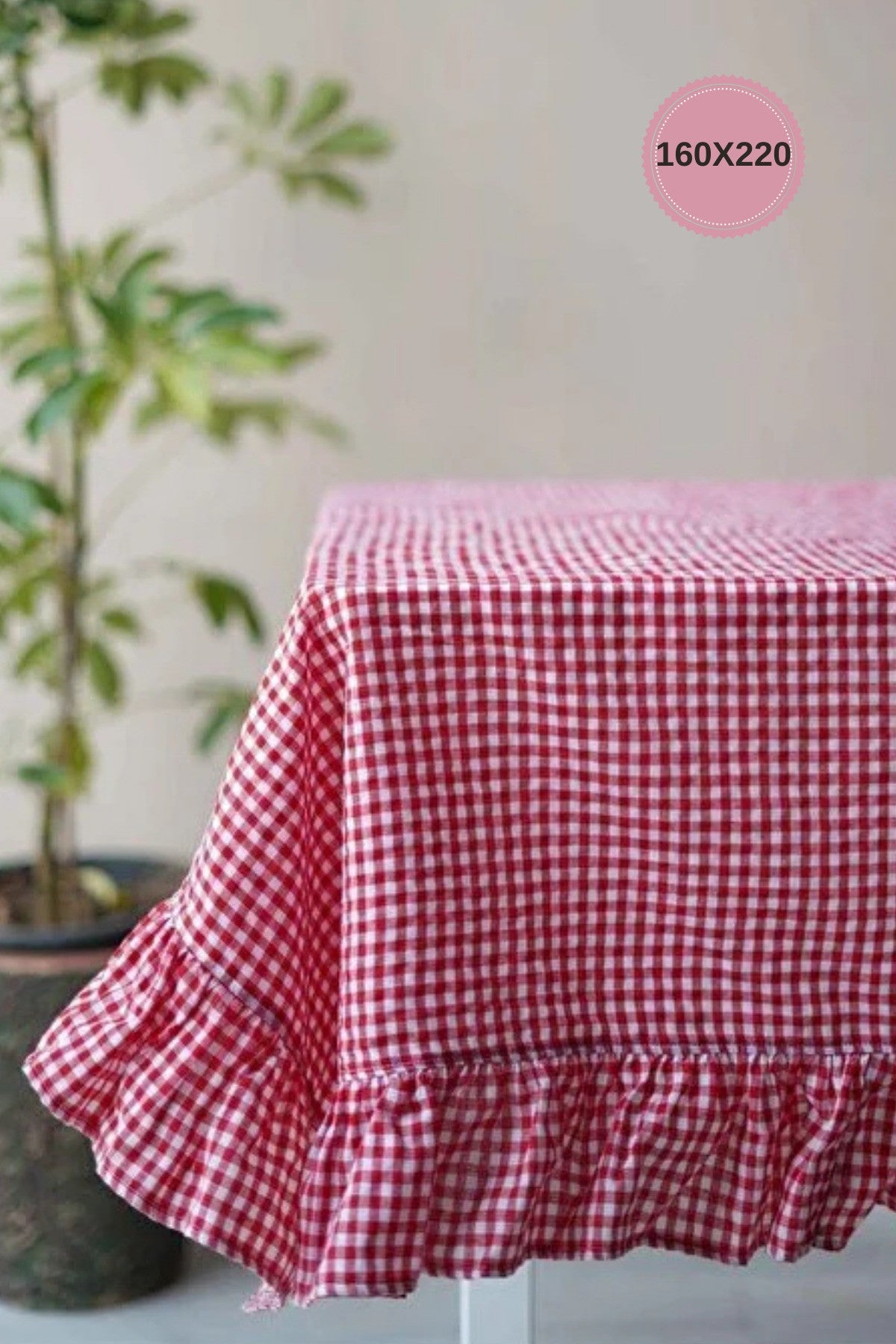 Organik Kırmızı Kareli Fırfırlı Masa Örtüsü / Piknik Örtüsü 160x220