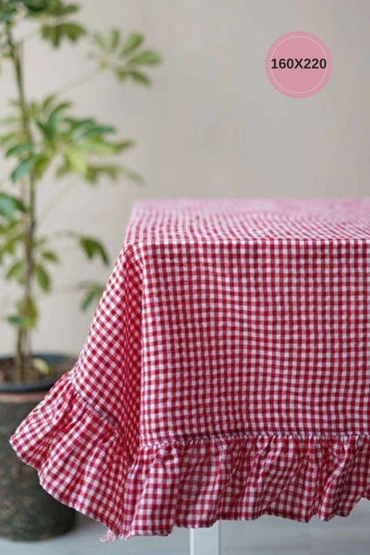 Organik Kırmızı Kareli Fırfırlı Masa Örtüsü / Piknik Örtüsü 160x220