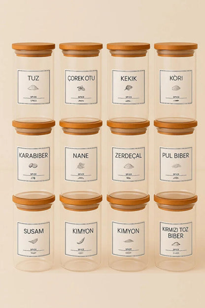 Bambu Vakum Kapaklı 12li Cam Baharat Seti + 12 Adet Ahşap Kaşık