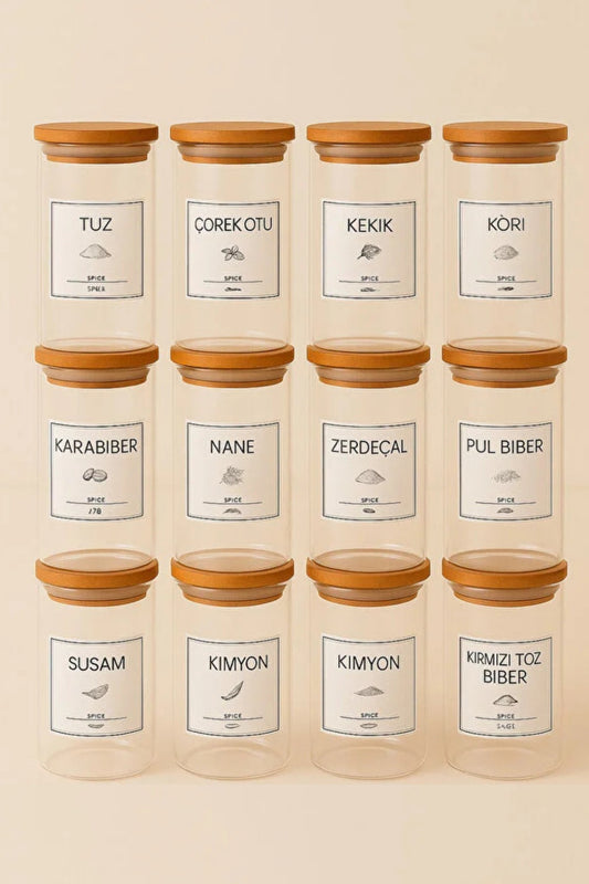 Bambu Vakum Kapaklı 12li Cam Baharat Seti + 12 Adet Ahşap Kaşık