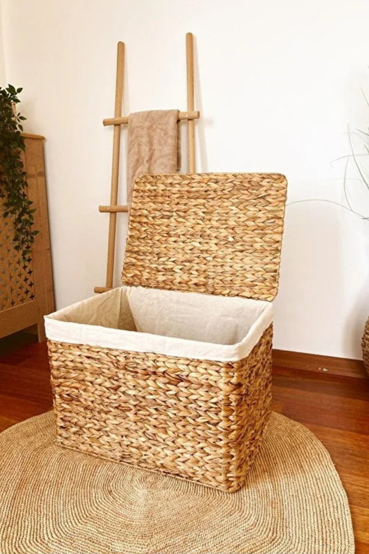 Hasır Su Sümbülü Kapaklı Sandık Model 35x22x23 cm Düzenleyici/Organizer/Çamaşır Sepeti