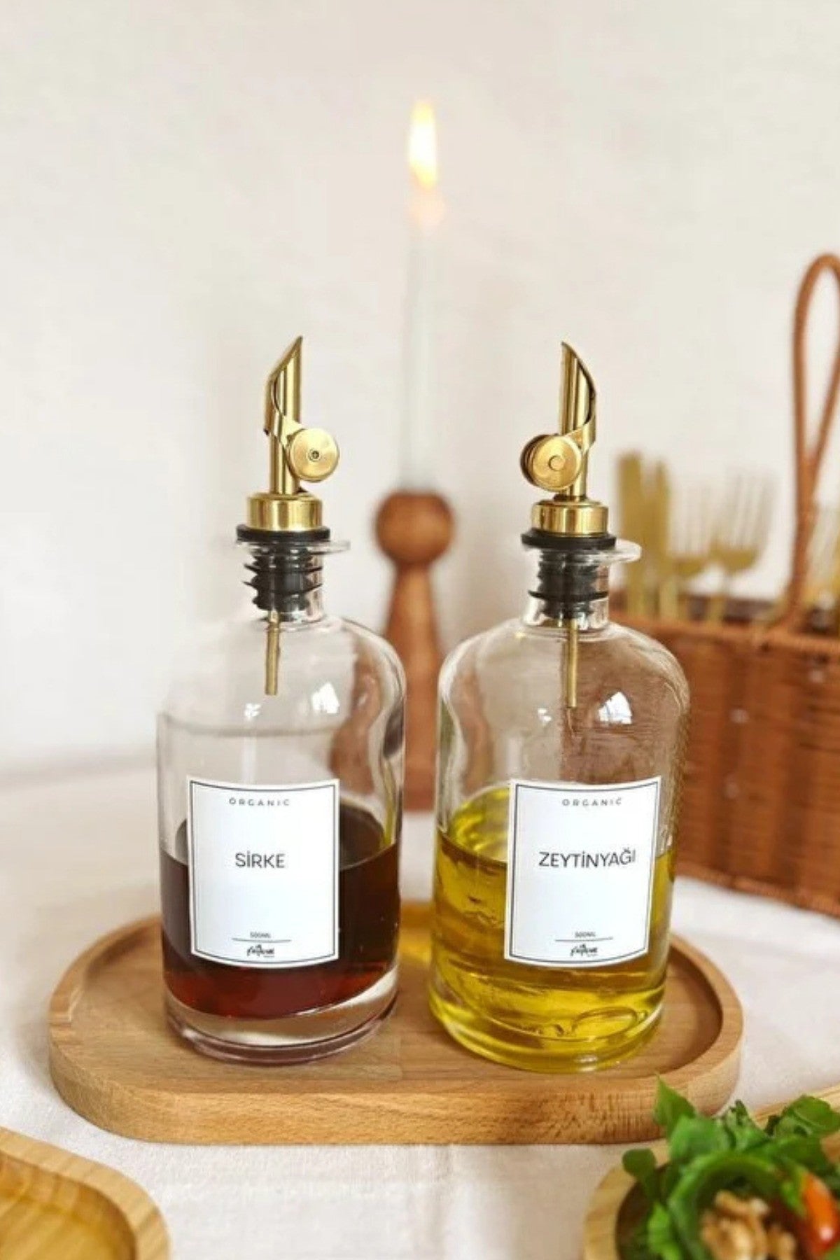 2'li Gold Kristal Cam Yağdanlık Seti (5 farklı etiket ile) Beyaz Etiket