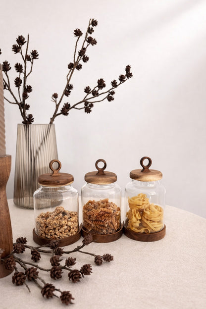 3Lü Akasya Kapak ve Akasya Altlık Detaylı Cam Kavanoz