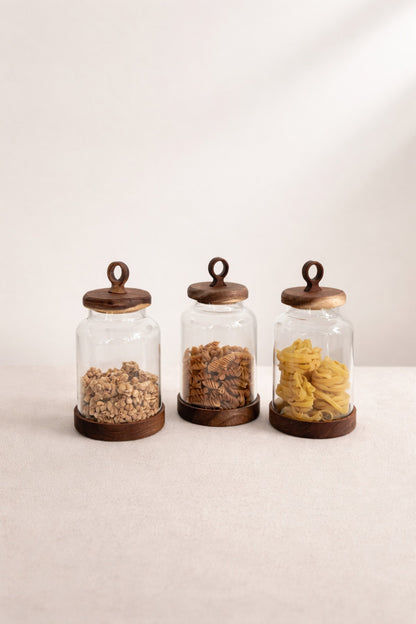 3Lü Akasya Kapak ve Akasya Altlık Detaylı Cam Kavanoz