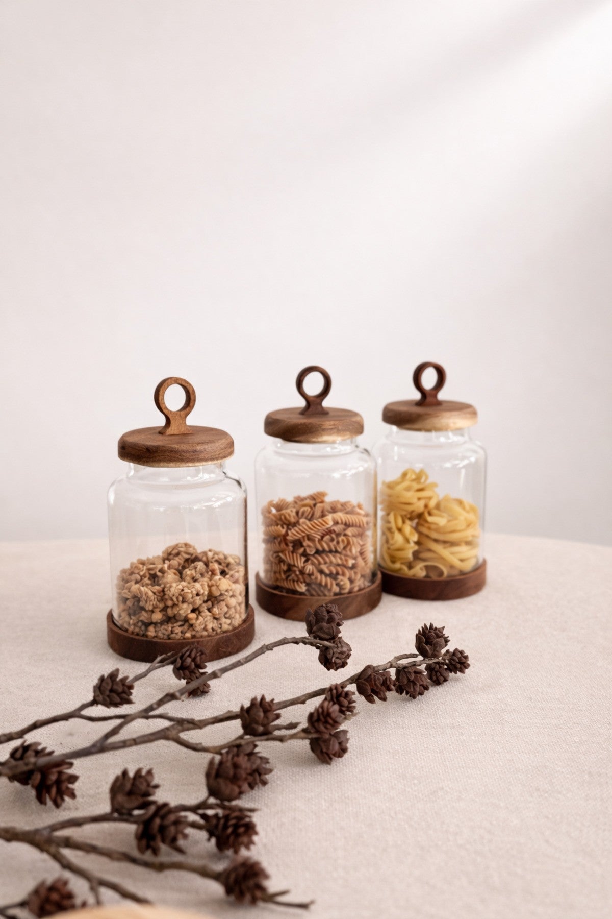 3Lü Akasya Kapak ve Akasya Altlık Detaylı Cam Kavanoz