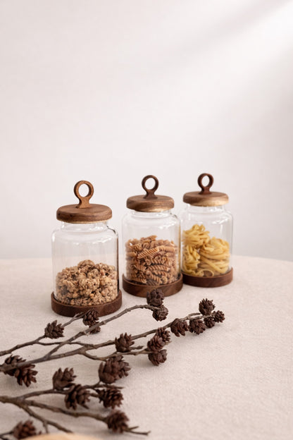 3Lü Akasya Kapak ve Akasya Altlık Detaylı Cam Kavanoz