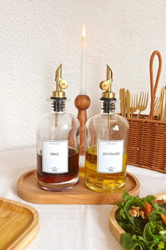 2'li Gold Kristal Cam Yağdanlık Seti (5 farklı etiket ile) Beyaz Etiket