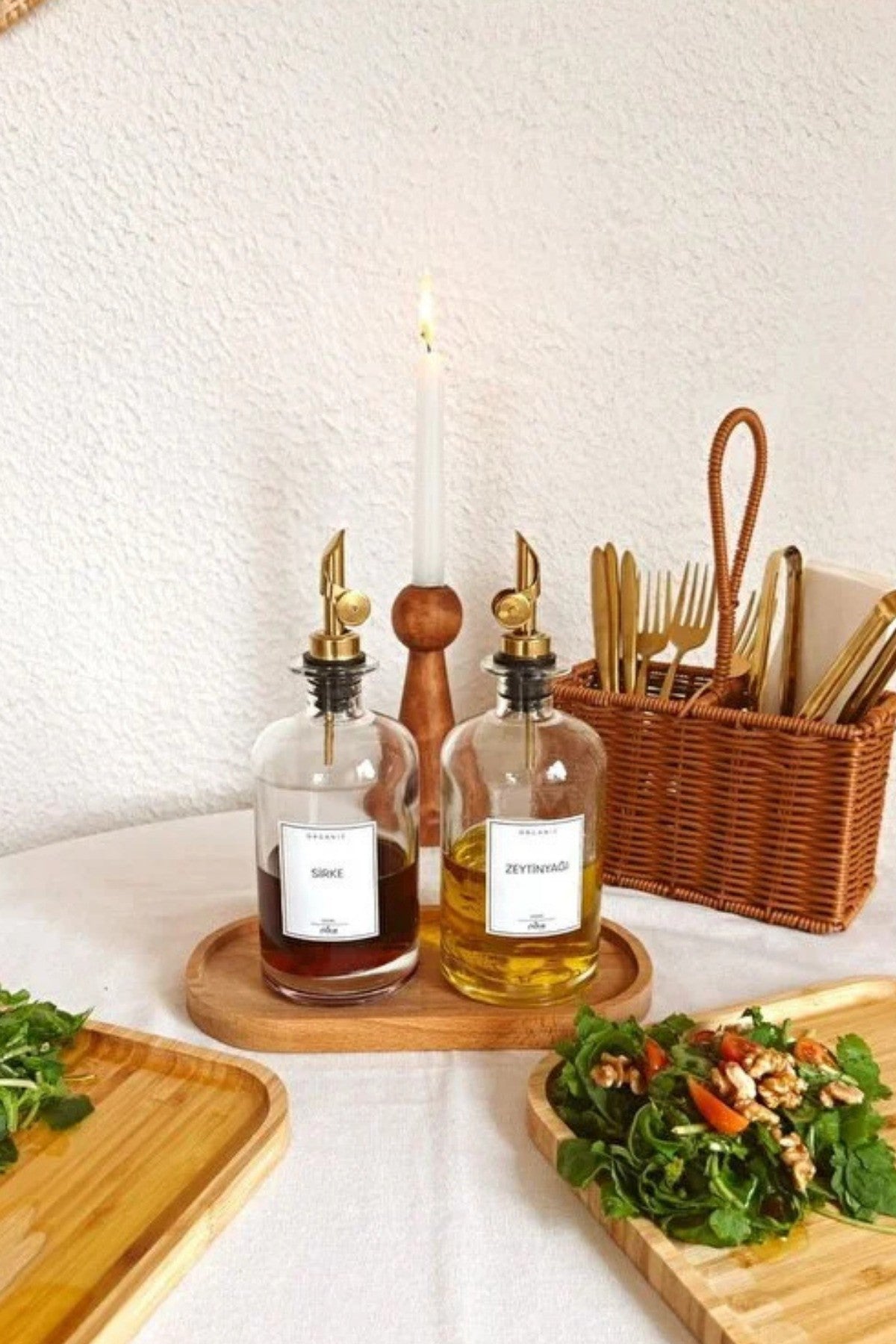 2'li Gold Kristal Cam Yağdanlık Seti (5 farklı etiket ile) Beyaz Etiket