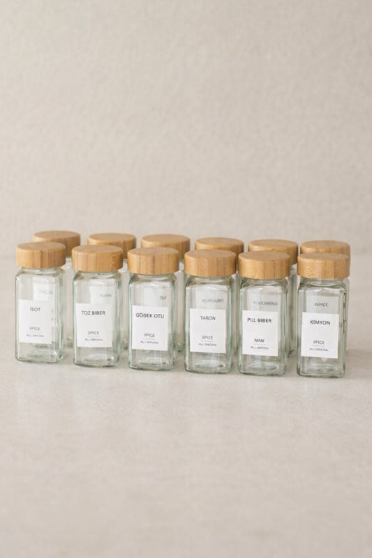 12Li Cam Bambu Kapaklı Kare Baharatlık Seti (14 adet etiket)