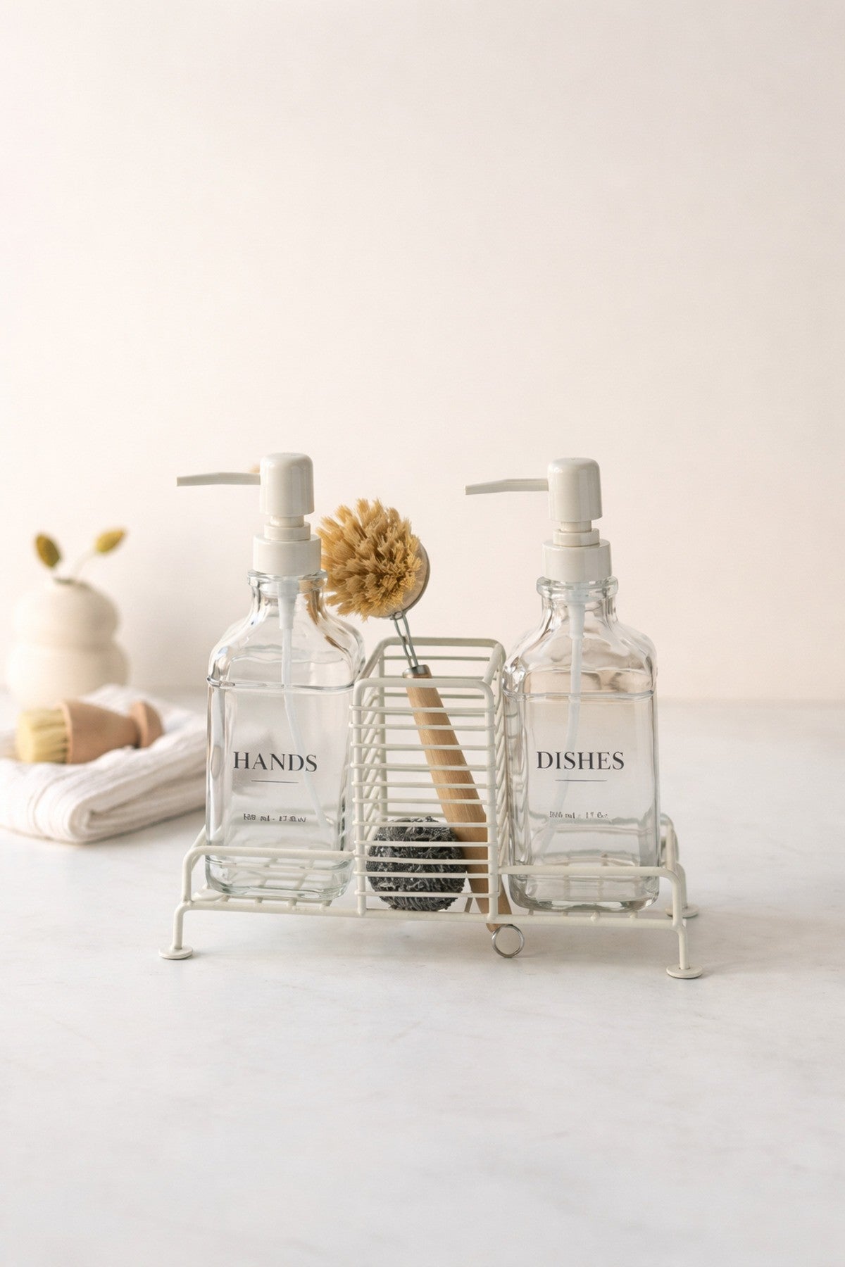 2Li Standlı Krem Sabunluk Seti (Hands, Dishes)