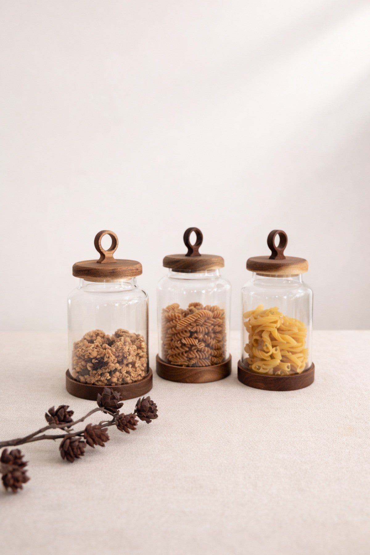 3Lü Akasya Kapak ve Akasya Altlık Detaylı Cam Kavanoz