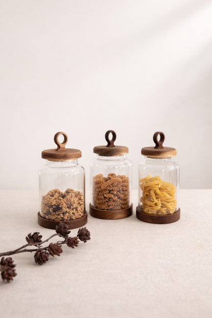 3Lü Akasya Kapak ve Akasya Altlık Detaylı Cam Kavanoz