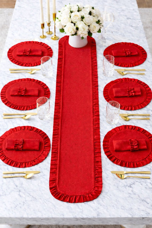 Lovely Serisi Yuvarlak Kırmızı Dak Keten Kumaş Fırfır Detaylı 6 Kişilik 13 Parça Servis Sofra Takımı