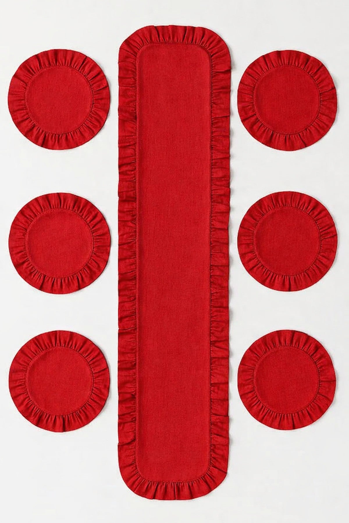 Lovely Serisi Yuvarlak Kırmızı Dak Keten Kumaş Fırfır Detaylı 6 Kişilik 13 Parça Servis Sofra Takımı