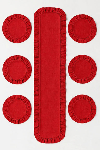 Lovely Serisi Yuvarlak Kırmızı Dak Keten Kumaş Fırfır Detaylı 6 Kişilik 13 Parça Servis Sofra Takımı