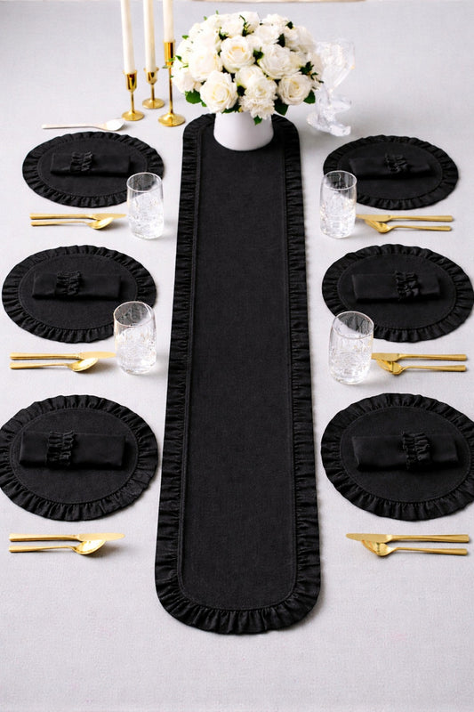 Lune Serisi Yuvarlak Siyah Dak Keten Kumaş Fırfır Detaylı 6 Kişilik 13 Parça Servis Sofra Takımı